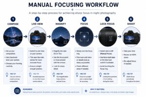 Diagram 3 — Manual Focusing Workflow for Night Photography Manual focusing workflow diagram for night photography: compose in Live View, magnify, use focus peaking or distant light, lock focus, and avoid touching the ring