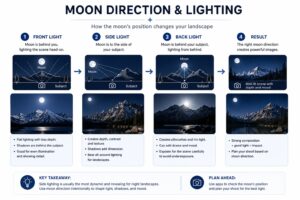 Diagram 4 — Moon Direction and Lighting Angles Diagram illustrating moon direction and how front, side, and backlighting affect shadows, texture, and depth in night landscapes