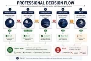 Diagram 6 — Professional Decision Flow When Moon Is Visible Decision flowchart for night photography when the moon is visible: evaluate moon placement, exposure balance, foreground interest, and whether to wait for better conditions