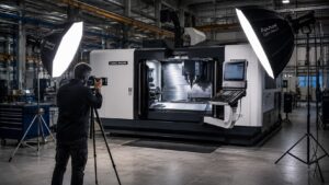 Hero — Lighting Industrial Machinery for Technical Photography Professional industrial machinery photography with controlled lighting revealing metal surfaces, engineering details, and three-dimensional form in a manufacturing facility