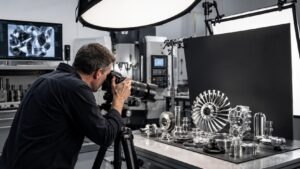 Hero — Machine Parts and Industrial Component Photography Professional machine parts photography showing a precision CNC-machined industrial component with sharp macro detail revealing surface texture and engineering quality