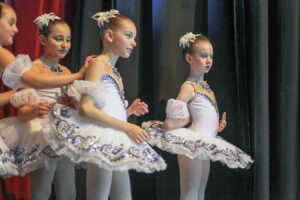 Professional ballet photography capturing a live dance performance with dramatic stage lighting, sharp focus, and graceful movement frozen at a decisive moment