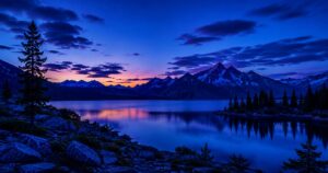Blue Hour Landscape Before Nightfall Blue hour landscape before nightfall with soft twilight glow on mountains, lake reflections, and deepening blue sky