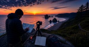Planning a Night Photography Location Before Sunset Photographer scouting a night photography location before sunset, evaluating foreground elements and tripod placement while daylight remains