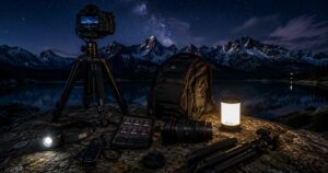 Professional Night Photography Gear Setup Professional night photography gear laid out including camera, wide-angle lens, sturdy tripod, headlamp, spare batteries, and remote shutter release