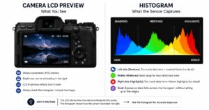 Camera LCD vs Histogram for Night Exposure Side-by-side comparison of a night photo on a camera LCD screen versus its histogram showing why the histogram gives more reliable exposure data at night