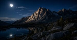 Moonlight Side Lighting on Mountains Moonlit mountain landscape with side lighting revealing ridge texture, deep shadows, and a cool blue night atmosphere