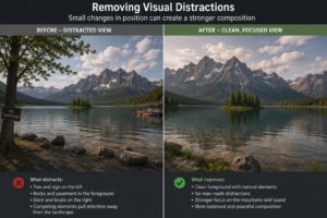 Eliminating visual noise Removing visual distractions from a landscape composition.