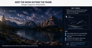 Moon Outside the Frame — Moonlit Landscape Composition Moonlit landscape composition with the moon outside the frame, using moonlight to illuminate foreground rocks and water while avoiding an overexposed lunar disc