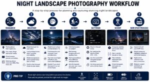 Night Landscape Photography Workflow Infographic Infographic showing the night landscape photography workflow: plan location, scout at sunset, set exposure, focus manually, shoot long exposures, and process RAW files