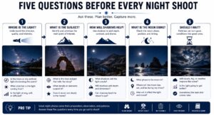 Infographic 2 — Five Questions Before Every Night Shoot Infographic listing five essential questions before every night shoot: where is the light, what stays in shadow, does composition work, what foreground adds depth, and is waiting worthwhile