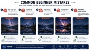 Infographic 3 — Common Beginner Night Photography Mistakes Infographic of common beginner night photography mistakes including trusting the LCD, raising ISO too early, poor focus, and over-brightening shadows in editing