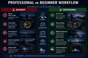 Infographic 4 — Professional vs Beginner Night Photography Workflow Infographic comparing professional and beginner night photography workflows for moonlit coastal landscapes from scouting through exposure and review