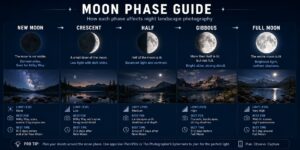 Infographic 5 — Moon Phase Guide for Night Landscapes Moon phase guide infographic comparing full moon, gibbous, quarter, and crescent phases for night landscape photography planning