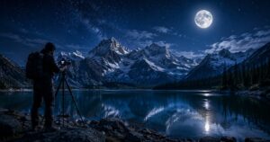 Night Landscape Photography Under a Full Moon — Mountain Lake Scene Night landscape photographer with tripod beside a mountain lake under a full moon, moonlit peaks and deep blue night sky reflected in still water