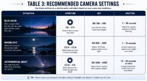 Table 3 — Recommended ISO Settings for Night Landscapes Recommended ISO ranges table for night landscape scenarios including moonlit scenes, blue hour, urban night, star photography, and handheld shooting