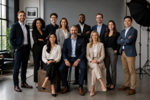 Professional group portrait photography guide hero showing a multi-person team arranged in tiered rows with even lighting and every face clearly visible