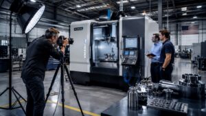 Hero — Industrial Machine Photography for Engineers and Customers Professional industrial machine photography showing CNC manufacturing equipment from a three-quarter angle with accurate perspective and sharp engineering detail