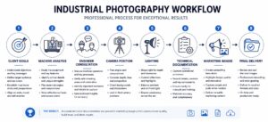 Infographic — Industrial Photography Planning Workflow Infographic outlining the industrial machine photography planning workflow from defining image purpose through on-site consultation to documentation and marketing delivery